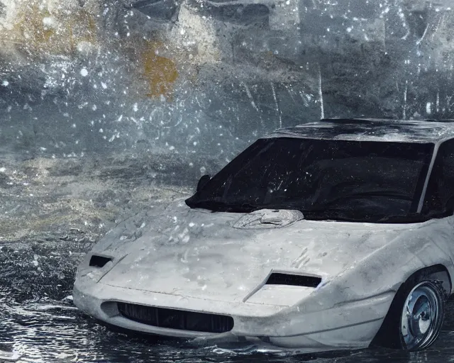 Image similar to white lotus esprit submerged under water, cinematic, photoreal, by red dead redemption 2