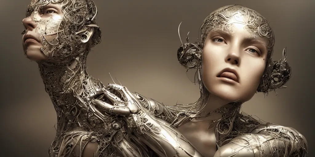 Image similar to hyper realistic photography of a stunningly beautiful cyborg female, elbow, chest, intimate, holding close, reflective chrome in the style of beth cavener, jin kagetsu,, and wlop, highly detailed, intricate filigree, masterpiece, award winning, sharp focus, concept art, ringflash lighting, ambient lighting, octane render, 8 k, artstation