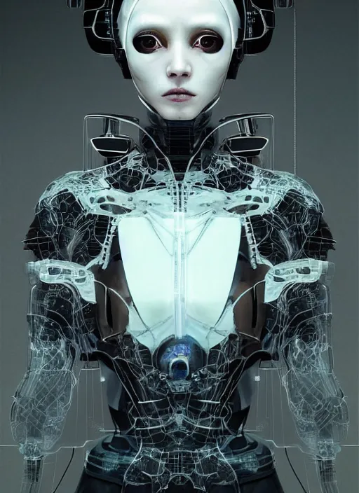 Image similar to portrait of a futuristic geisha cyborg, in the style of ghost in the shell, x - ray, kintsugi, modern fine art, fractal, intricate, elegant, highly detailed, digital photography, subsurface scattering, by jheronimus bosch and greg rutkowski,