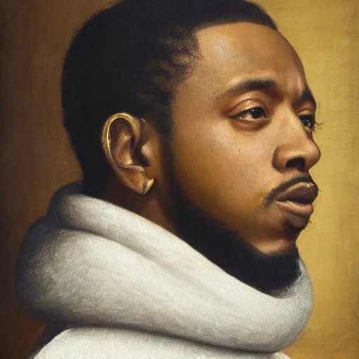 Image similar to a renaissance style portrait painting of kendrick lamar