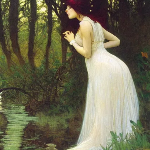 Image similar to a beautiful painting of the back view of a young lady in white dress sitting by the river in a grown forest, washing her dark long hair, sunlight reflected on the river, Mucha, Mohrbacher