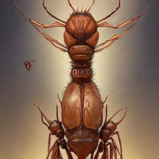 Prompt: A head on painting of an ant queen standing on her hind legs formian pathfinder, digital art, Wayne Barlowe Pierre Pellegrini Greg Rutkowski