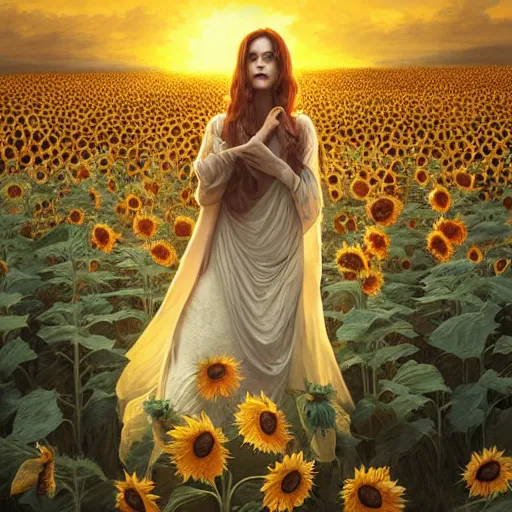 Prompt: Bedsheet Ghost in a field of sunflowers, sunset, highly detailed, digital painting, artstation, concept art, smooth, sharp focus, illustration, art by artgerm and greg rutkowski and alphonse mucha