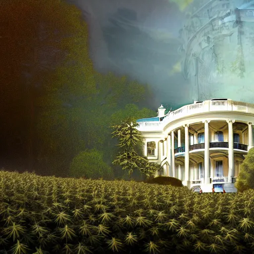 Prompt: a architectural portrait of the white house surrounded in wild blooming cannabis, and hippies crawling from the brush, cg art, fine art, highly detailed, digital painting, cgi, volumetric lighting, sunny atmosphere