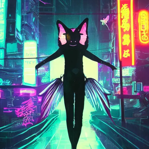 Image similar to a detailed matte painting of a neon cat under a black light with red led eyes, a beam of light shining upon the cat, levitation, the cat is in a intricately detailed neo neon cyberpunk Japanese city, the angel of death with a halo, colorful background not limited to children, by Ismail Inceoglu , concept art, featured on cgsociety