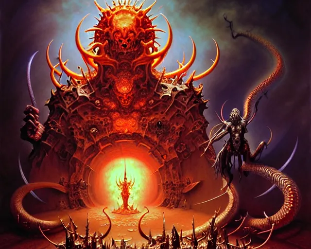 Image similar to the army of hell and demons, fantasy character portrait made of fractals facing each other, ultra realistic, wide angle, intricate details, the fifth element artifacts, highly detailed by peter mohrbacher, hajime sorayama, wayne barlowe, boris vallejo, aaron horkey, gaston bussiere, craig mullins