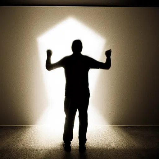 Image similar to silhouette of a man stepping into a door of blinding light. candid shot