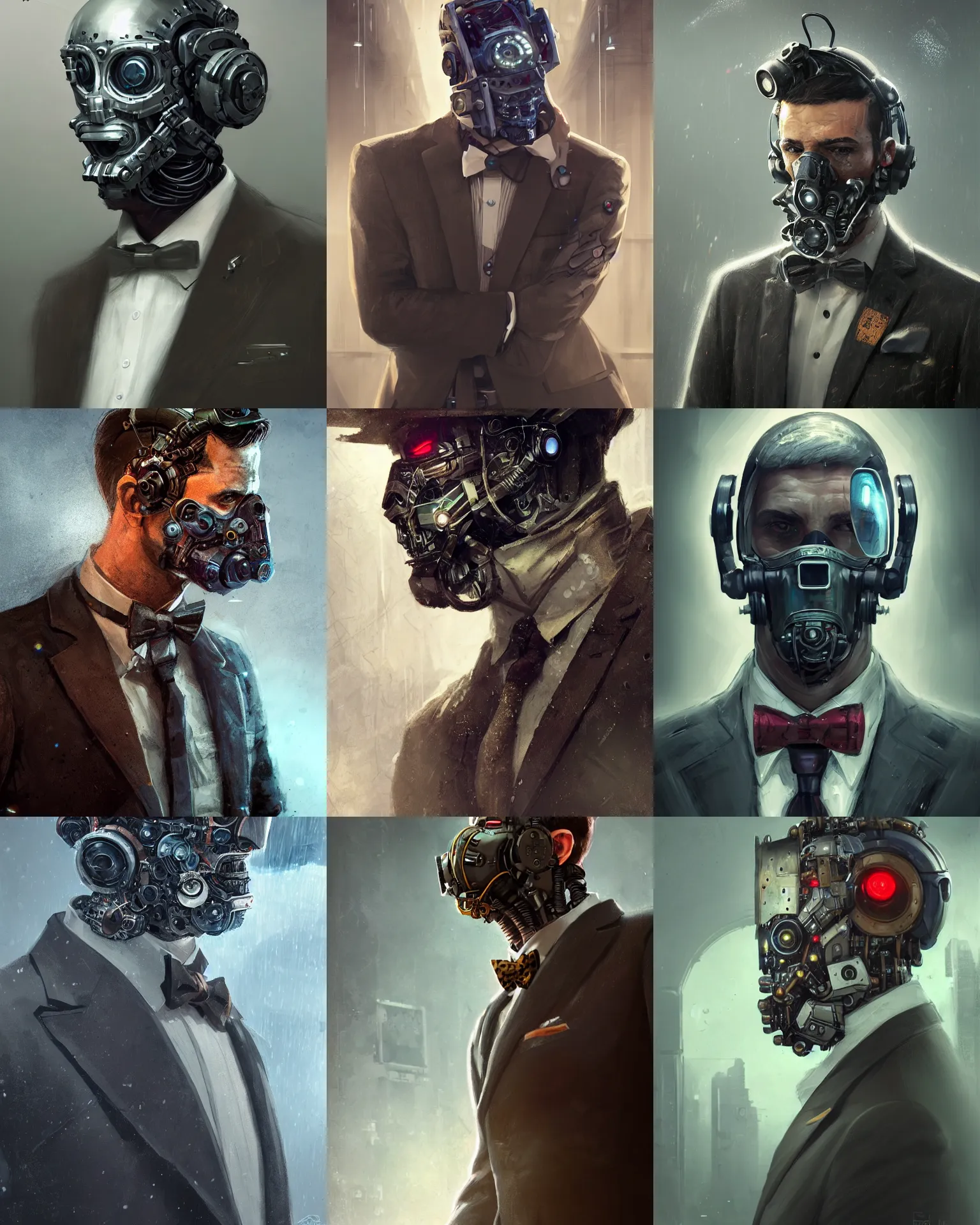 Image similar to a rugged young engineer man with cybernetic enhancements wearing a suit and bowtie, detailed mask, scifi character portrait by greg rutkowski, esuthio, craig mullins, 1 / 4 headshot, cinematic lighting, dystopian scifi gear, gloomy, profile picture, mechanical, half robot, implants, steampunk