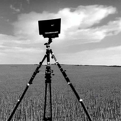 Image similar to wide view of an alien tripod walking in a field, aiming its laser at nearby peasants, 90s VHS TV still from the British series The Tripods (1984)