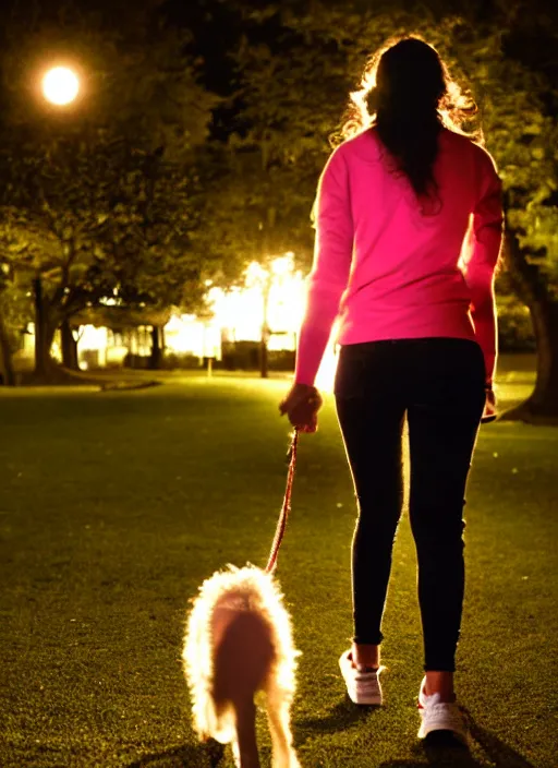 Image similar to young brown woman walking her dog in a park at night with a full moon