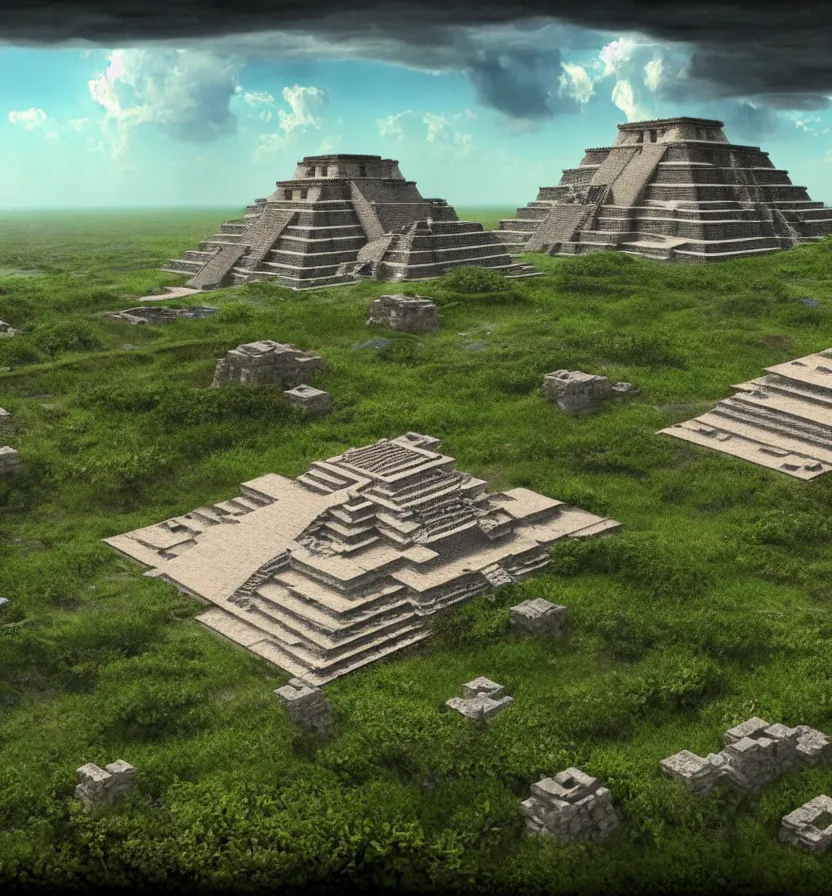 Prompt: environment of multiple detailed complex fractal architecture mayan pyramids in a vast garden wildflower landscape that meets the ocean, by glenn small, by albert bierstadt photorealism, hyper realism, octane render, unreal engine, volumetric light, depth of field, volumetric clouds, god rays, lens flares, detailed, intricate, twin motion, megascan, high resolution, realistic render