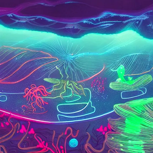 Image similar to an underwater alien ocean, filled with bioluminescence, twirling glowing sea plants, neon colors, and a mystical misty glow, ethereal, detailed