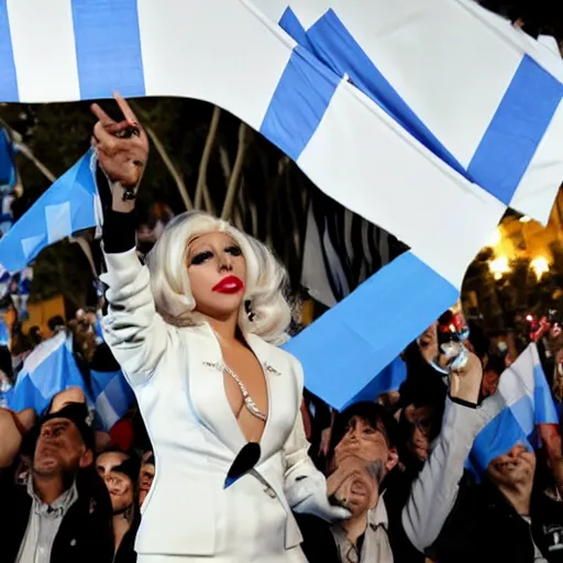 Image similar to Lady Gaga as president, Argentina presidential rally, Argentine flags behind, bokeh, giving a speech, detailed face, Argentina