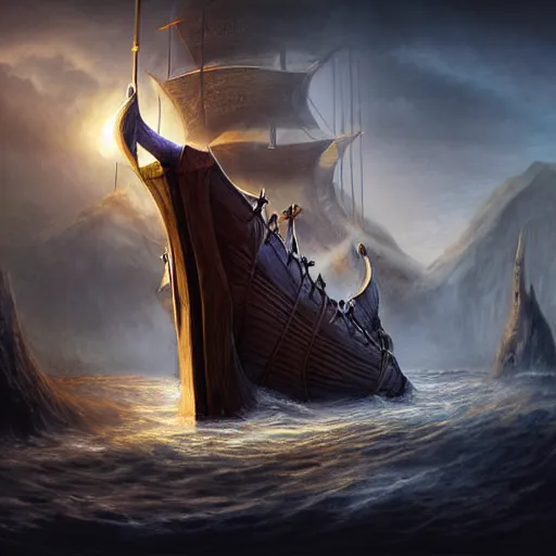 Prompt: epic viking ship, centered in picture, epic fantasy, detailed, intricate, digital painting, concept art, realistic, smooth, focus, rim light