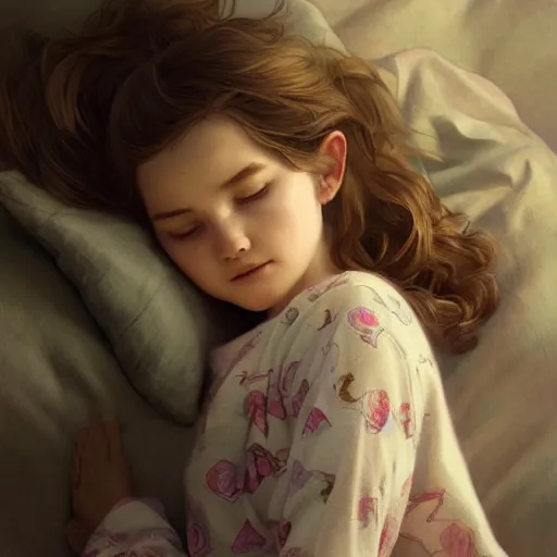 Image similar to little girl in pajamas sleeping, realistic portrait, highly detailed, digital painting, artstation, concept art, smooth, sharp focus, illustration, cinematic lighting, art by artgerm and greg rutkowski and alphonse mucha