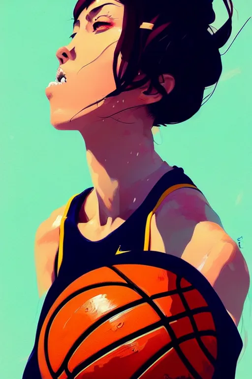 Image similar to a ultradetailed beautiful panting of a woman dribbling a basketball, by conrad roset, greg rutkowski and makoto shinkai, trending on artstation