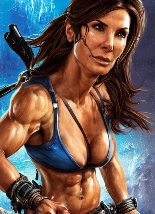 Image similar to muscled Sandra Bullock as Lara Croft as a ruggedly handsome heroine looking directly into the camera, jumping off a glowing artifact lodged in shallow blue glowing water, intricate, elegant, highly detailed, artstation, concept art, smooth, sharp focus, illustration, bokeh art by artgerm and donato giancola and Joseph Christian Leyendecker, WLOP, fireflies, distant snowstorm and thunder