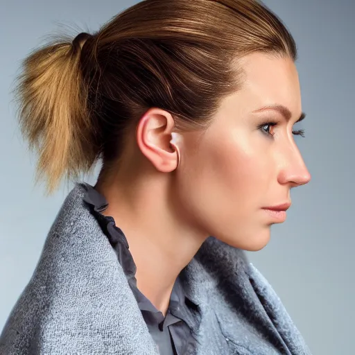 Image similar to a woman with an oval shaped face, angular jaw, blue eyes, light brown hair with blond streaks at the front, angular nose, hair tied in a bun