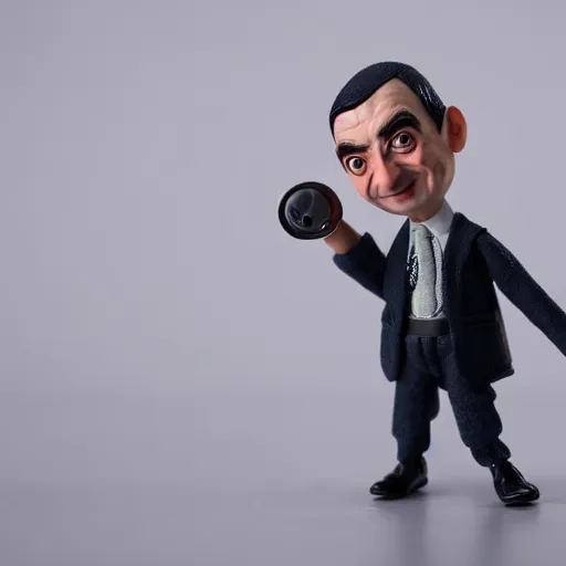 Image similar to mr. bean action figure, studio lighting, macro lens, award winning product photography