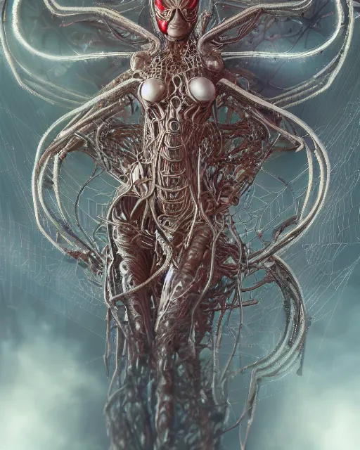 Image similar to timeless spiderwoman deity with circuitry skin and networked mind tripping on acid, intricate detail, royo, whealan, giger, klimt, hd, octane render, unreal engine,