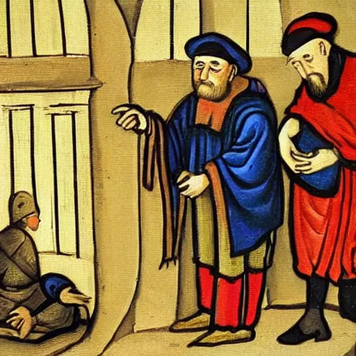 Image similar to a medival painting of a begger begging with a rich man on the streets of a medival town.