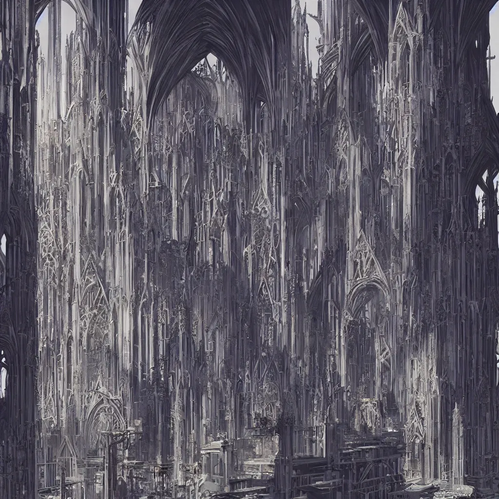 Image similar to gothic cathedral world of cyberpunk architecture by syd mead