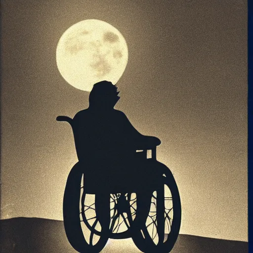 Prompt: sillouette of robert wyatt in a wheelchair flying against the moon at night,