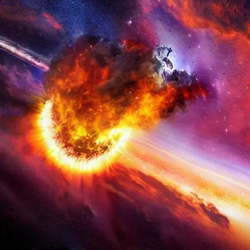 Prompt: a gigantic starship destroyed exploding on fire viewed from deep space that is starfilled,