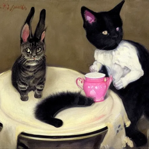 Image similar to a cat cat with black fur having a picnic with a (bunny), the (bunny) has pink fur, the cat is drinking tea, highly detailed, painted by John Singer Sargent