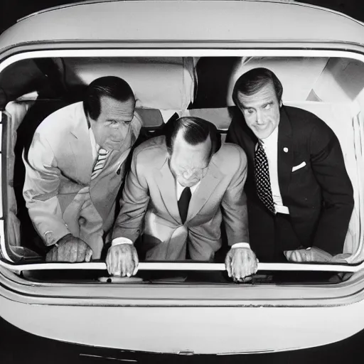 Prompt: interior of shopping bag top down view containing president nixon and cavett show host and van dyke and clark host