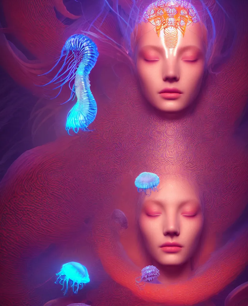 Image similar to goddess close-up portrait. jellyfish phoenix head, nautilus, orchid, skull, betta fish, bioluminiscent creatures, intricate artwork by Tooth Wu and wlop and beeple. octane render, trending on artstation, greg rutkowski very coherent symmetrical artwork. cinematic, hyper realism, high detail, octane render, 8k