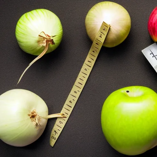 Image similar to set of balance scales with weights, weighing one apple and one onion