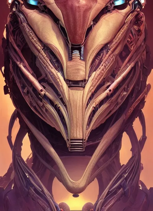 Image similar to asymmetrical!! portrait of an alien with parts of other aliens forming its face in the style of, machine face, intricate, elegant, highly detailed, digital painting, artstation, concept art, smooth, sharp focus, illustration, art by artgerm and greg rutkowski and alphonse mucha, horizon zero dawn 8 k