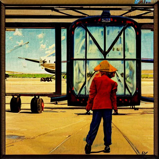 Prompt: View through an African airport of a Lockheed L-188 Electra parked on the runway, painting, norman rockwell artwork style