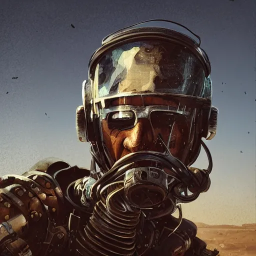 Image similar to a half - masked rugged engineer man with cybernetic enhancements lost in the desert, scifi character portrait by greg rutkowski, esuthio, craig mullins, 1 / 4 headshot, cinematic lighting, dystopian scifi gear, gloomy, profile picture, mechanical, half robot, implants, steampunk