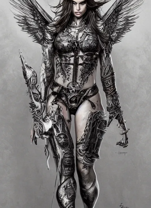 Image similar to Portrait of Ratajkowski as an angel warrior legs, completely covered by armour and runes , angelical runes tattooed all over his legs, intricate down body, whole body, highly detailed, digital painting, artstation, concept art, smooth, sharp focus, illustration, art by Hajime Sorayama