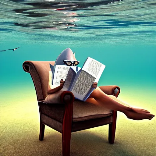 Image similar to a shark sitting in a chair reading a book underwater realistic hdr 8 k 3 5 mm