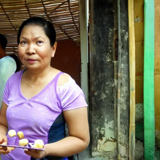 Image similar to Murasaki Shikibu standing on a Filipino sidewalk eating fishballs