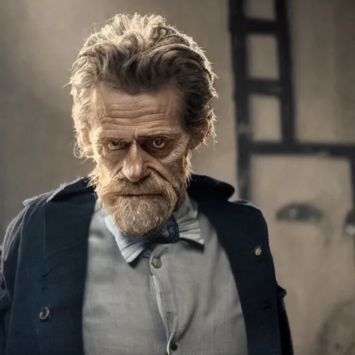 Image similar to willem dafoe as a rough dirty old man with a scruffy beard in a dark blue trenchcoat as the new doctor who, cinematic, volumetric lighting, f 8 aperture, cinematic eastman 5 3 8 4 film, photorealistic