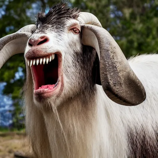 Image similar to huge goat - like beast with mouth opening unnaturally wide to reveal rows of razor - sharp teeth