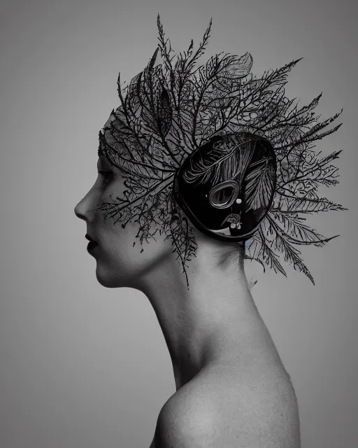 Image similar to a woman's face in profile, wearing a vintage motorcycle helmet made of intricate delicate leaf skeleton, in the style of the dutch masters and gregory crewdson, dark and moody