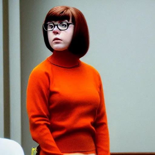 Image similar to Stunning Real Life Scene of Velma Dinkley wearing her iconic orange sweater from Scooby Doo in court for falsely accusing someone of being a criminal by Greg Rutkowski. She has beautiful eyes, Velma is a teenage female, with chin-length auburn hair and freckles. She is somewhat obscured by her fashion choices, wearing a baggy, thick turtlenecked orange sweater, with a red skirt, knee length orange socks and black Mary Jane shoes. Soft render, Pixiv, artstation