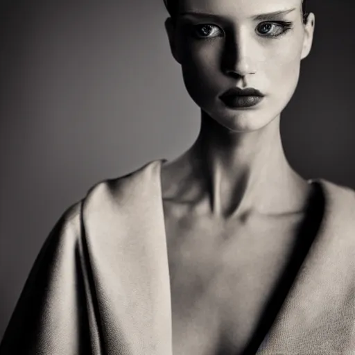 Image similar to a fashion photo of a beautiful model, stylesd and photo by elizabeth saltzman, peter lindbergh, tim walker, symmetry, full face, studio lighting, dlsr, detailed face