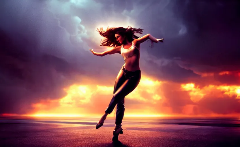 Image similar to a hyperdetailed photorealistic beautiful woman dancing in a thunderstorm, global illumination, volumetric lighting, cinematic framing, cinematic lighting, cinematic shadows, in the style of top gun maverick