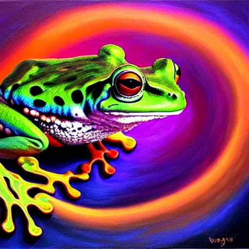 Image similar to vr painting of abstract surrealist frog by yvonne mcgillivray by mandy jurgens by michael divine, powerful eyes glowing highly detailed painting, spiritual abstract forms, symmetrical, trending on art station, abstract emotional, very beautiful, fantasy digital art, highly detailed patterned visionary art, magic symbols, by michael divine, cosmic nebula, black gold color scheme