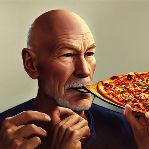 Image similar to portrait of Patrick Stewart eating pizza, highly detailed, digital painting, artstation, concept art, sharp focus, illustration, art by artgerm and greg rutkowski and alphonse mucha