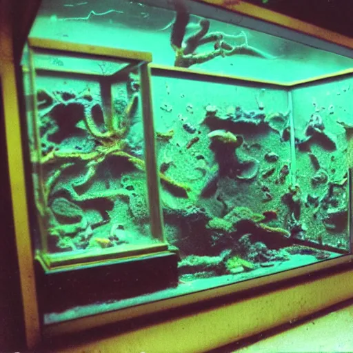 Prompt: colored photograph taken on fujifilm superia film, 3 5 mm, spooky creepy liminal space, display case, aquatic exhibition science museum, driedup rotting aquarium with decayed submerged spine, bright computer screens with colorful displays, backroom stairs leading down under water, displacement