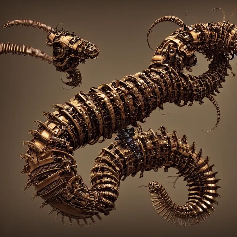 Image similar to steampunk robot millipede, 3 d model, unreal engine realistic render, 8 k, micro detail, intricate, elegant, highly detailed, centered, digital painting, artstation, smooth, sharp focus, illustration, artgerm, tomasz alen kopera, peter mohrbacher, donato giancola, joseph christian leyendecker, wlop, boris vallejo