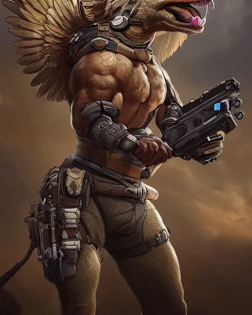 Prompt: Man with Griffin body as an Apex Legends character digital illustration portrait design by, Mark Brooks and Brad Kunkle detailed, gorgeous lighting, wide angle action dynamic portrait