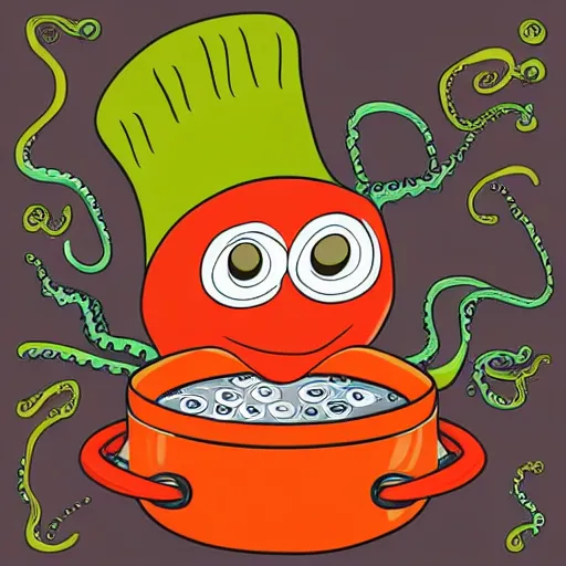 Image similar to occult anthropomorphic octopus chef cooking a delicious colorful soup, digital paintingl